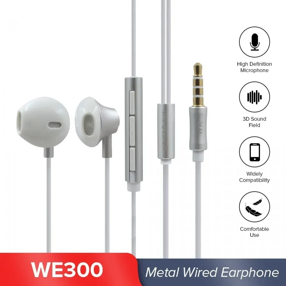 Ακουστικά Hands Free WK WE-300, σε ασημί χρώμα