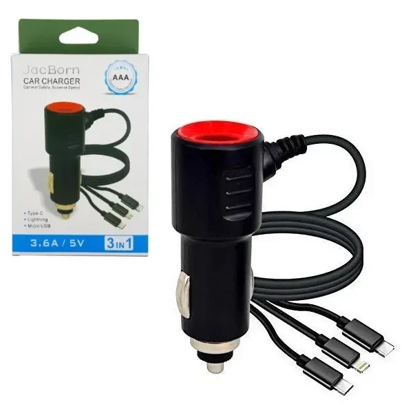 Φορτιστής Αυτοκινήτου JacBorn 3 in 1 Type-C/ Lightning/ Micro USB 3.6A Black/Red
