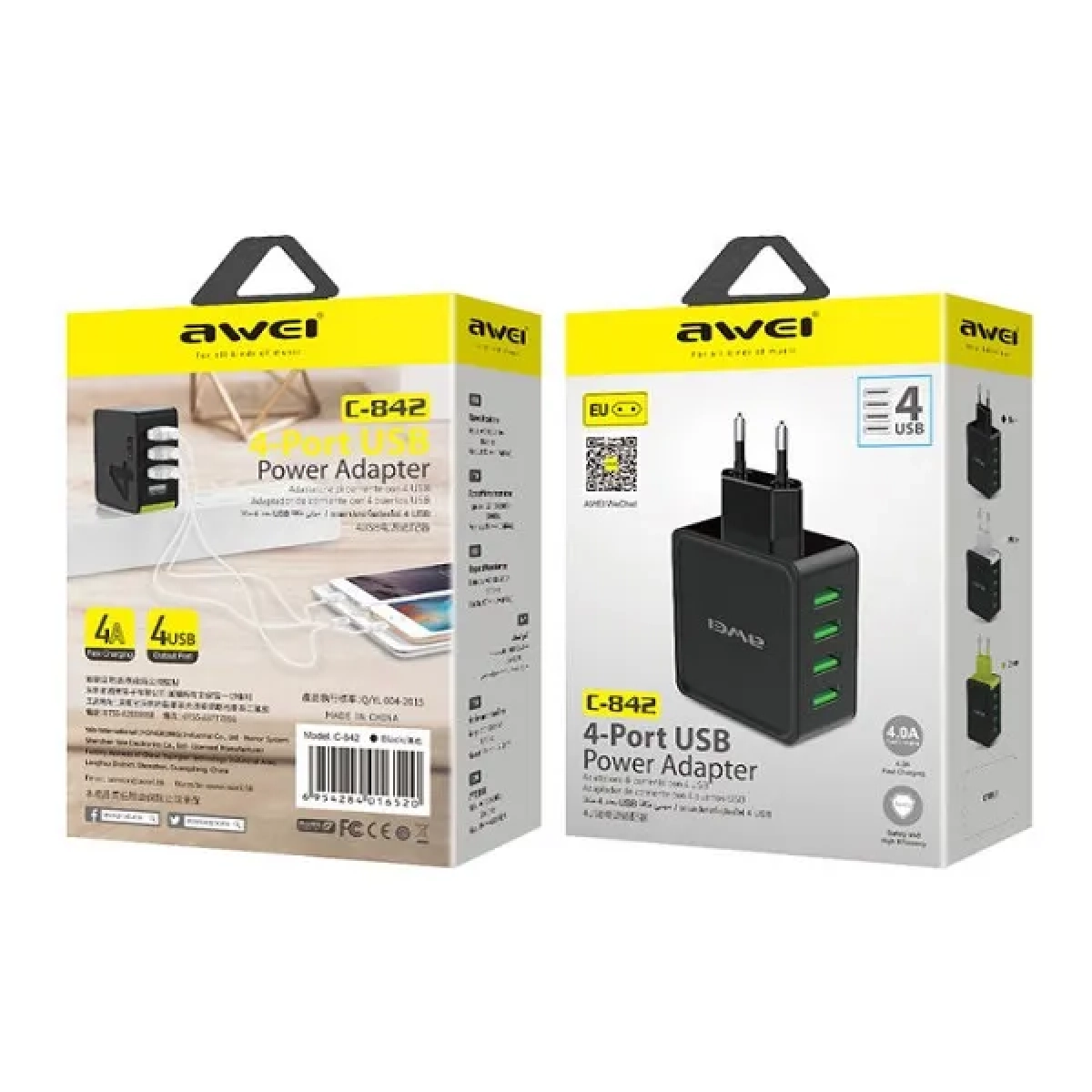 Φορτιστής Ρεύματος Awei 4A με 4 Θύρες USB fast charger C-842