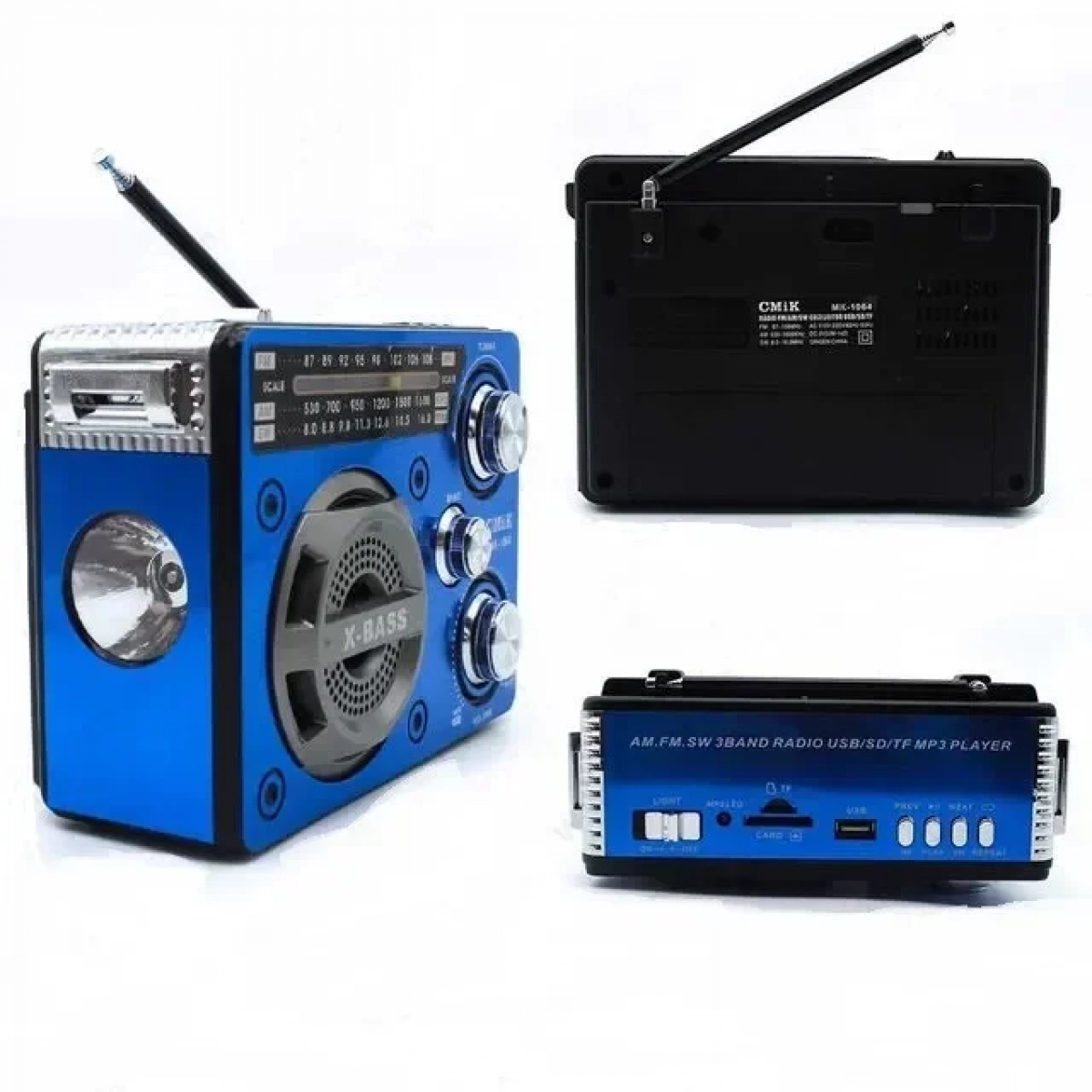 Επαναφορτιζόμενο ραδιόφωνο MP3,USB,SD CARD,FM με φακό CMIK MK-1064, σε μπλε χρώμα
