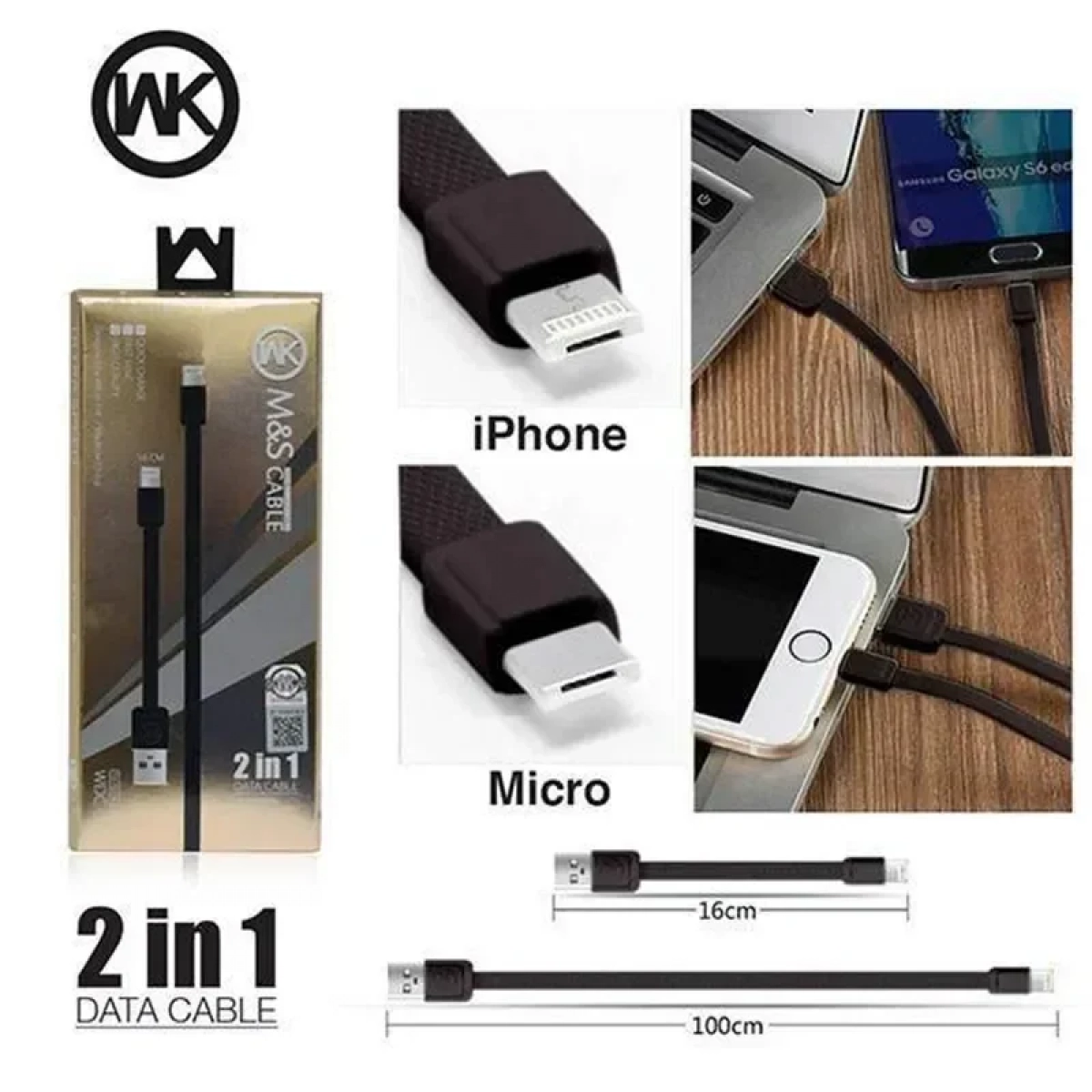 Διπλό Καλώδιο Φόρτησης WK M&S 2 σε 1 Για Lightning & Micro Usb, σε μαύρο χρώμα - Image 3