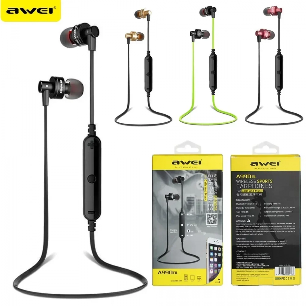 Ακουστικά Bluetooth Awei A990BL, σε μαύρο χρώμα