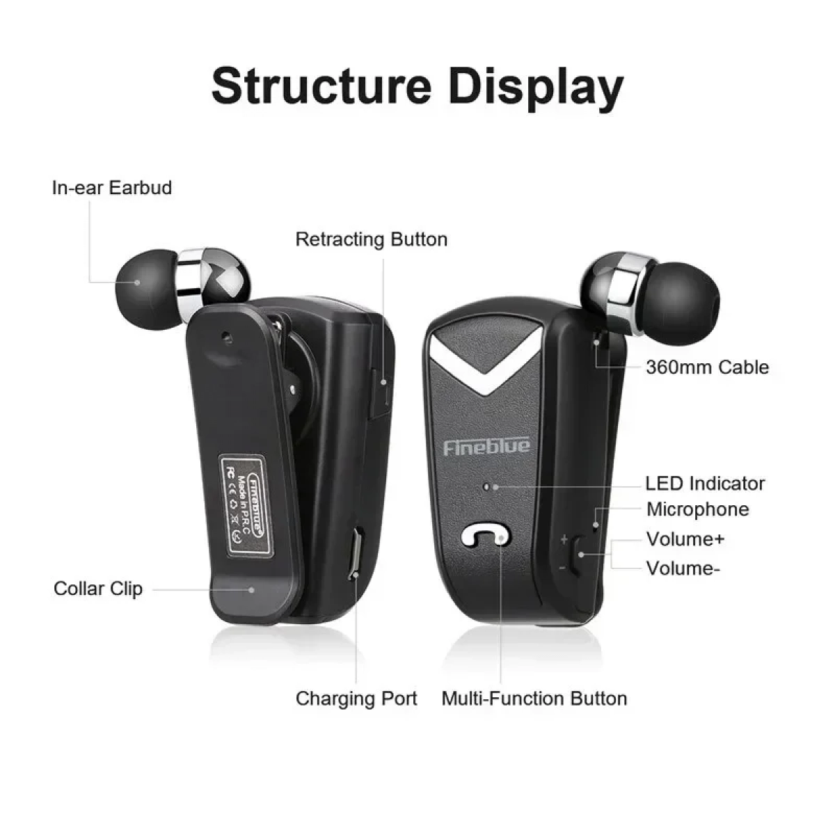 Fineblue FV2 Bluetooth Hands Free Ακουστικό, σε μαύρο χρώμα
