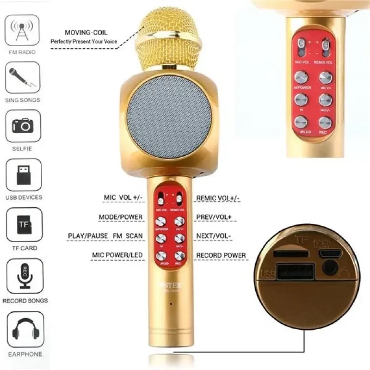 Ασύρματο Bluetooth Μικρόφωνο HI-FI Ηχείο WSTER WS-1816, σε χρυσό χρώμα
