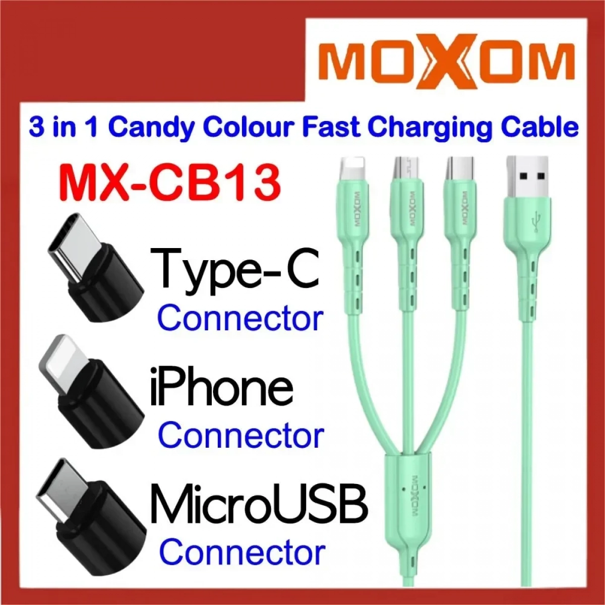 Moxom 3 Σε 1 USB Καλώδιο Φόρτισης/Σύνδεσης Type-C / micro USB Cable 1m MX-CB13, σε πράσινο χρώμα