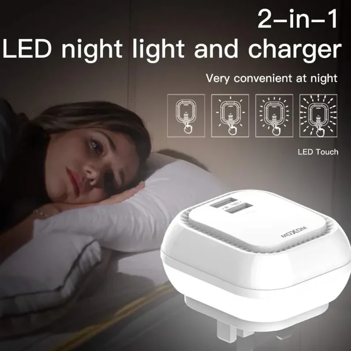 Φορτιστής με 2 x USB και με Φωτάκι Νυκτός Αφής - LED Night Light Charger Wall Adapter Moxom