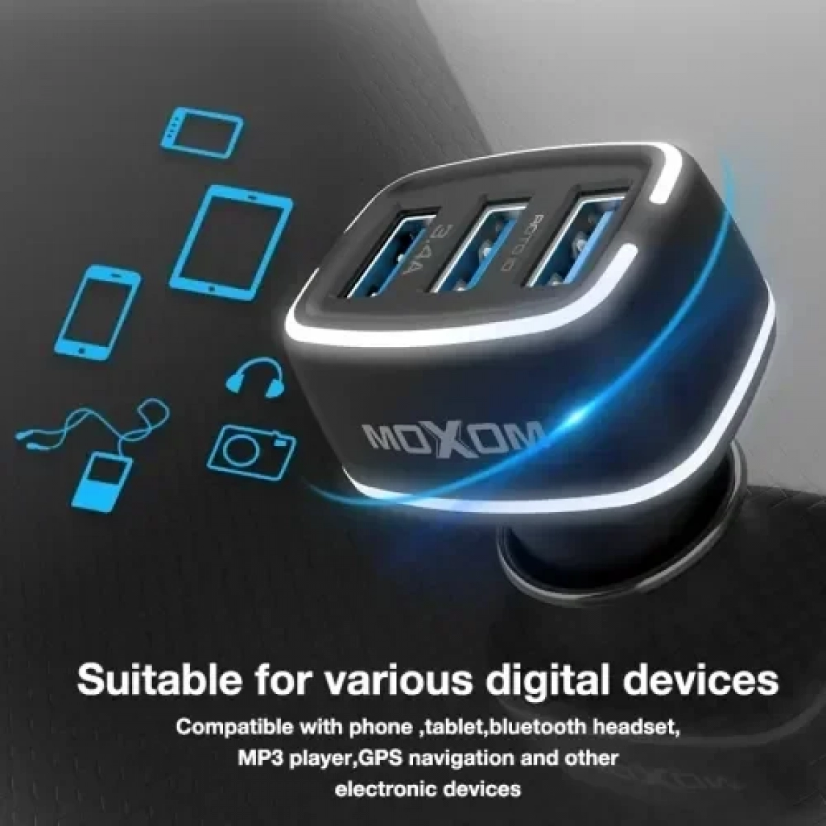 Moxom MX-VC01 3xUSB Fast Charge 3.4A Φορτιστής Αναπτήρα Αυτοκινήτου Με Led Light Και Micro καλώδιο