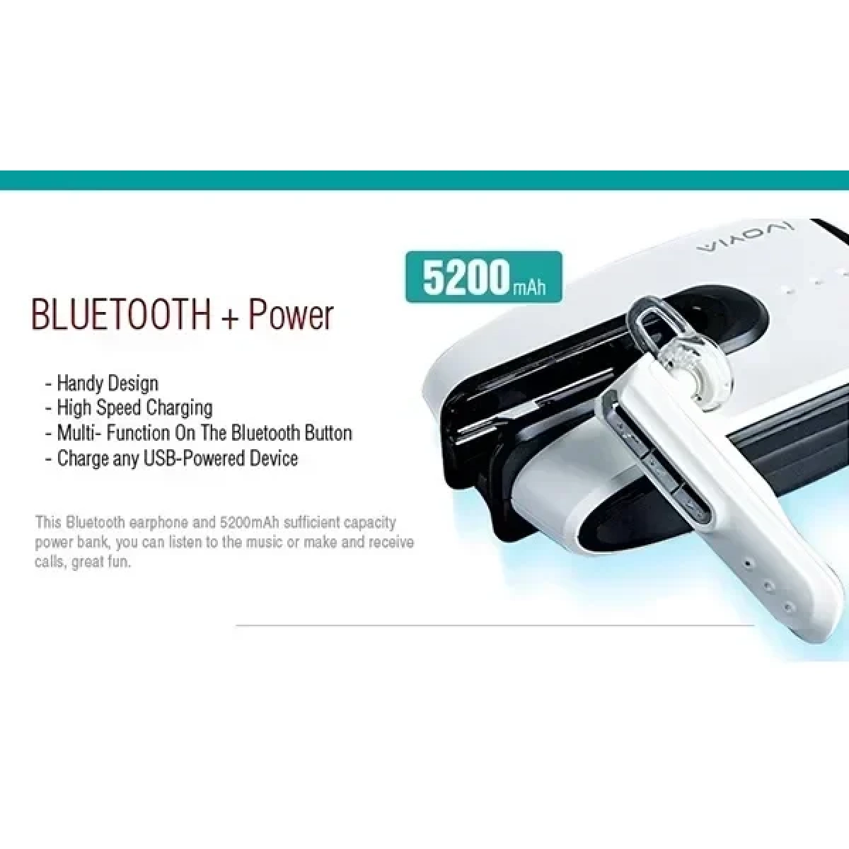 Ακουστικό Bluetooth Και Power Bank 5.200mAh 2 Σε 1 - AIYOVI BT-02A, σε μωβ χρώμα