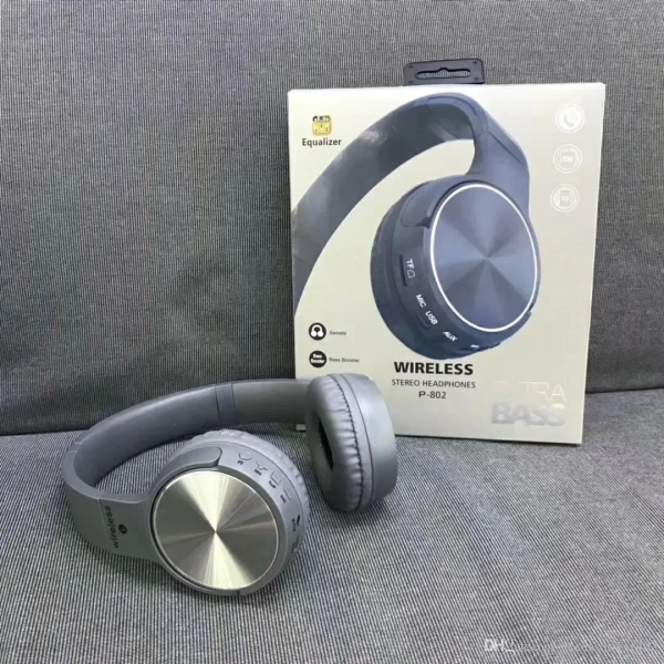 Ακουστικά Wireless Bluetooth Headset Subwoofer Stereo P802, σε γκρι χρώμα