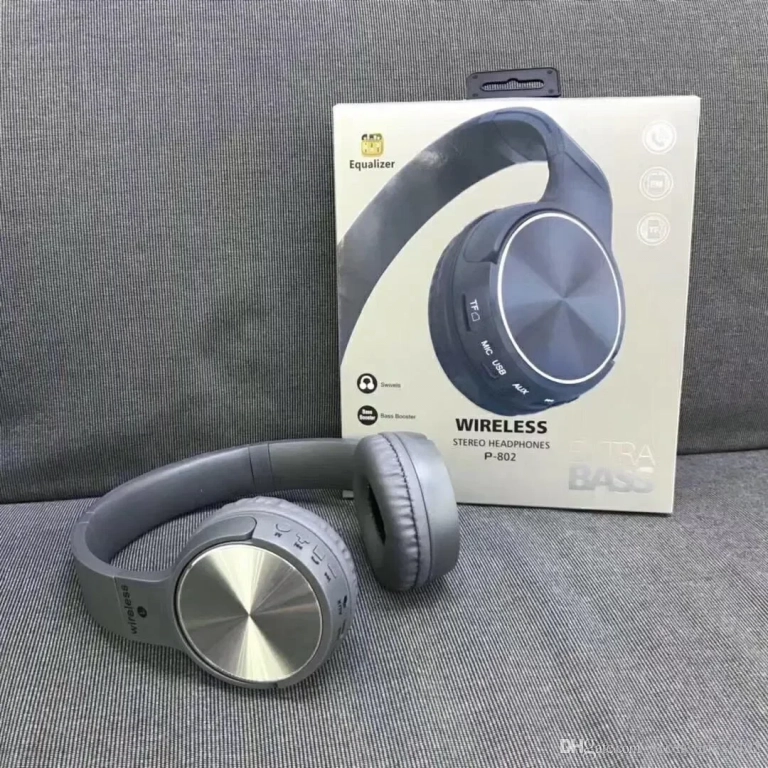 Ακουστικά Wireless Bluetooth Headset Subwoofer Stereo P802, σε γκρι χρώμα