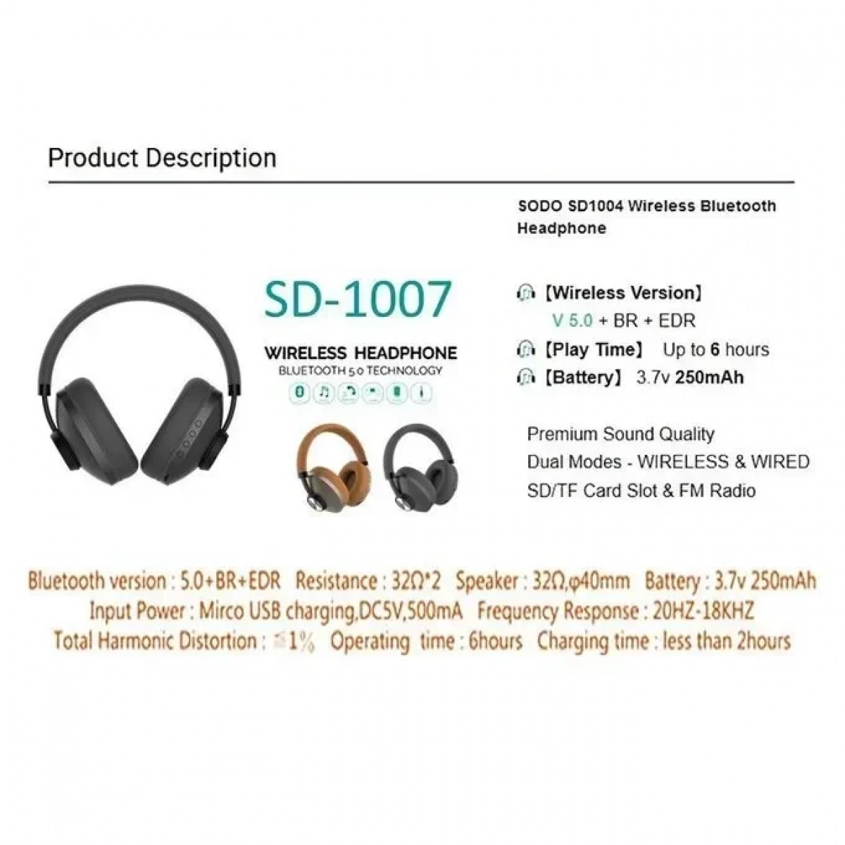 Ασύρματα Ακουστικά SODO SD-1007 Wireless Bluetooth Headphone, σε μαύρο χρώμα