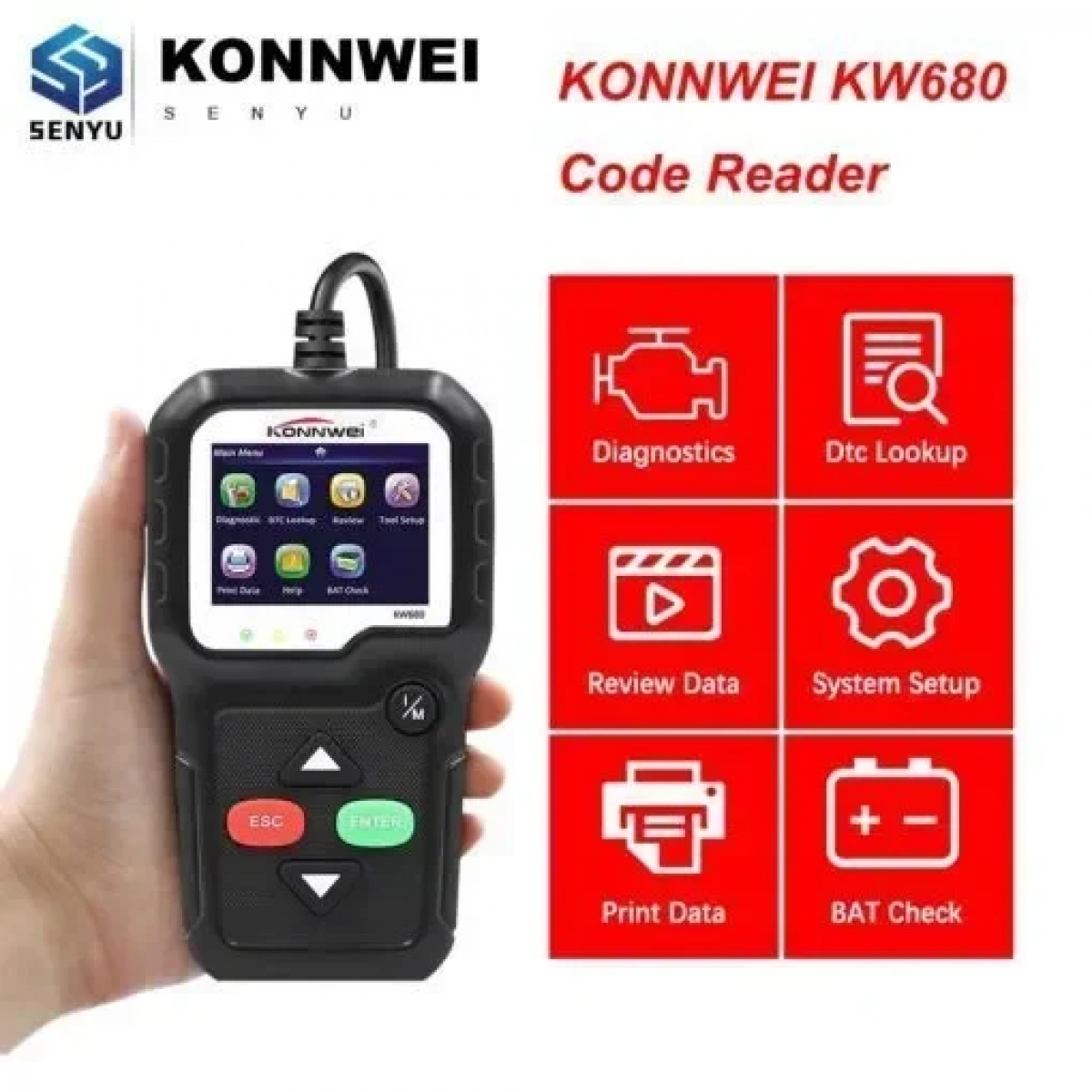 Ψηφιακό διαγνωστικό αυτοκινήτων OBDII/EOBD Konnwei KW680, σε μαύρο χρώμα
