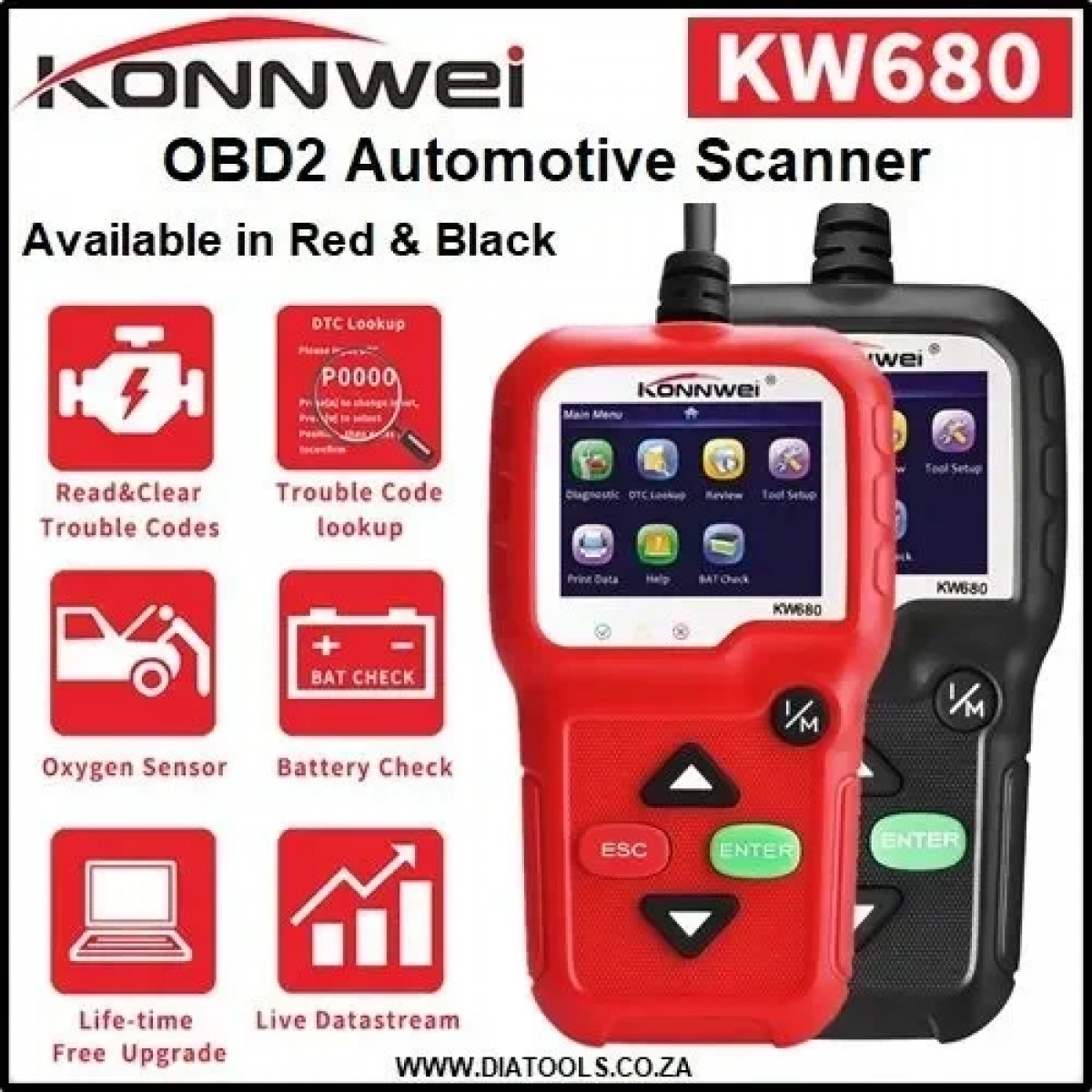 Ψηφιακό διαγνωστικό αυτοκινήτων OBDII/EOBD Konnwei KW680, σε κόκκινο χρώμα