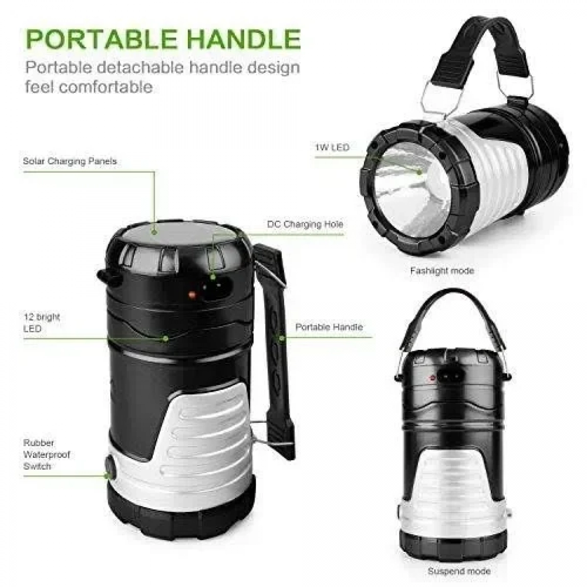 Πτυσσόμενος Ηλιακός Φακός Φανάρι Camping Led 1W+12LED Και PowerBank GSH 7088B OEM, σε μαύρο χρώμα