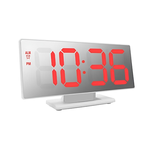 Επιτραπέζιο ρολόι καθρέπτης LED DS-3618L, σε λευκό χρώμα με κόκκινα γράμματα