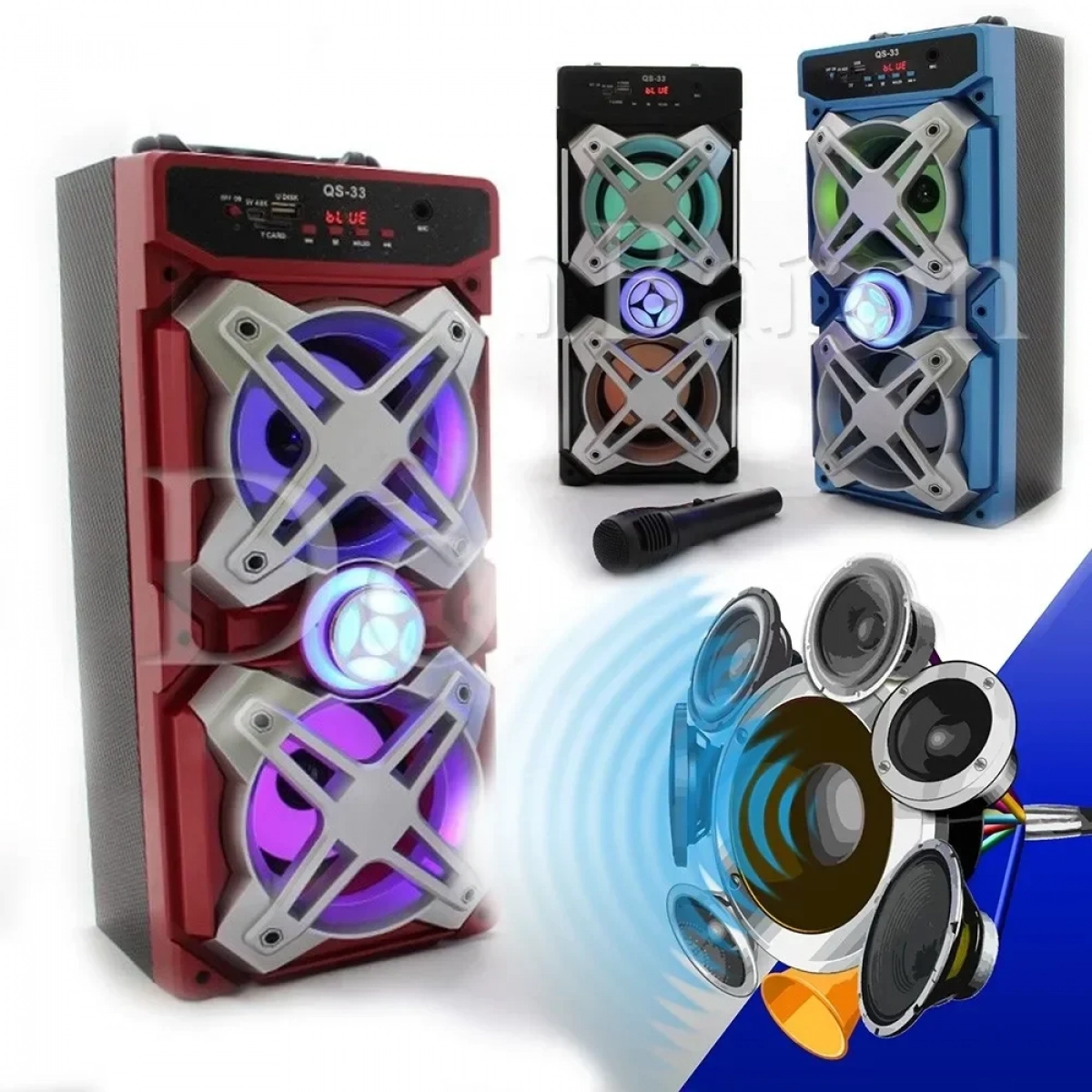 Φορητό ηχείο QS-33 με Bluetooth, εφέ φωτισμού, σε κόκκινο χρώμα