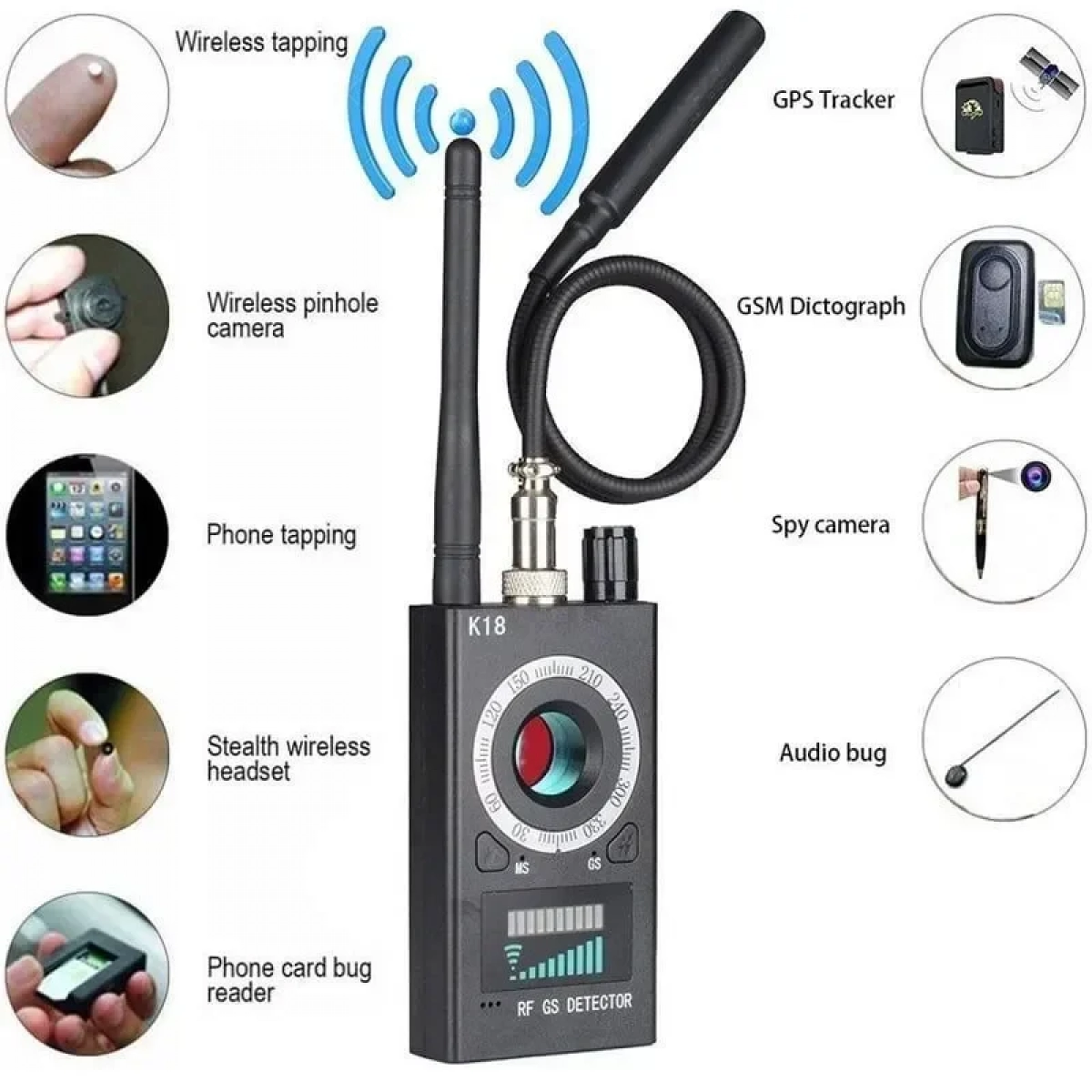 Ανιχνευτής Ασύρματων Συσκευών GPS 2G/3G/4G 1MHZ έως 8000MHZ K18