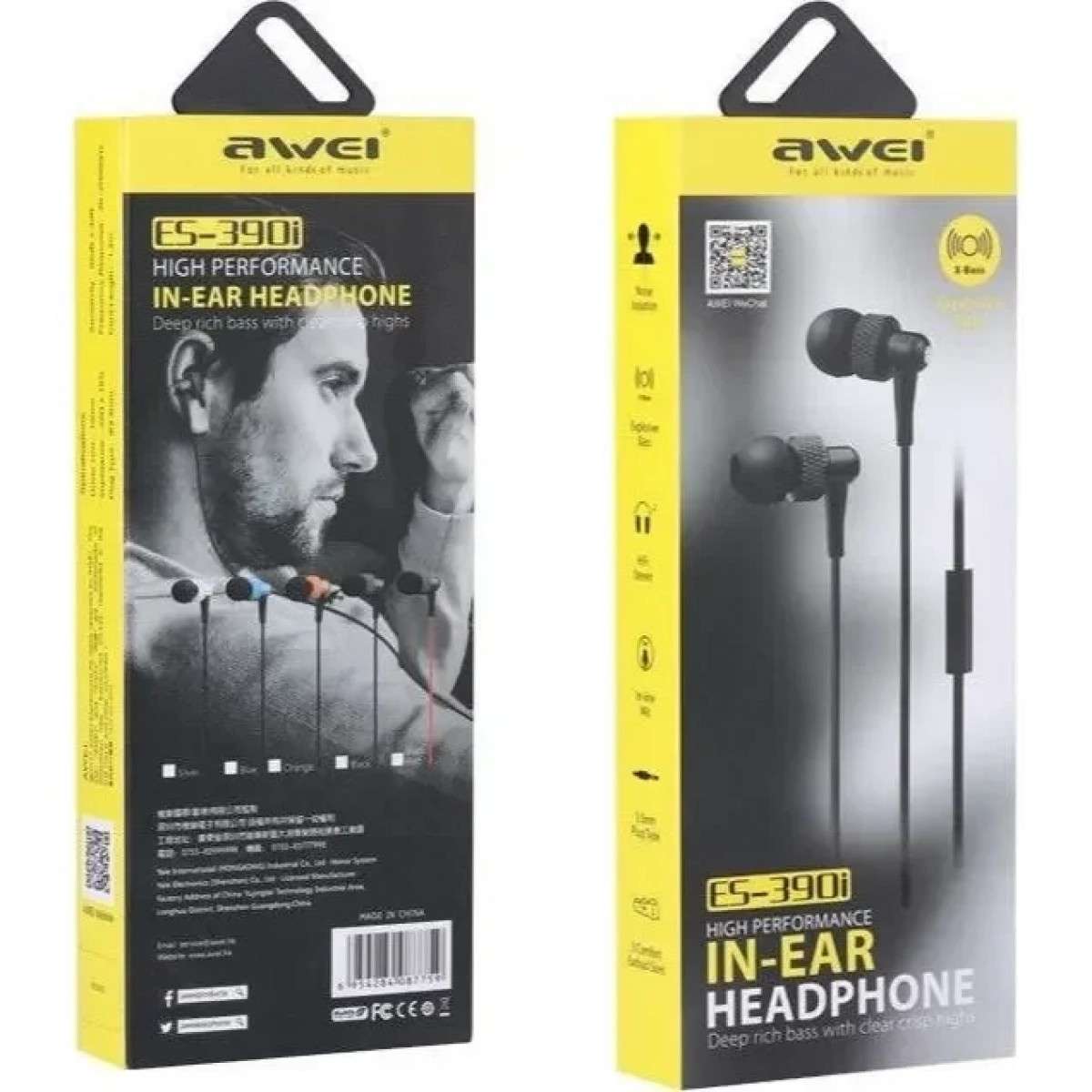 HandsFree Ακουστικά AWEI ES-390i, σε μαύρο χρώμα