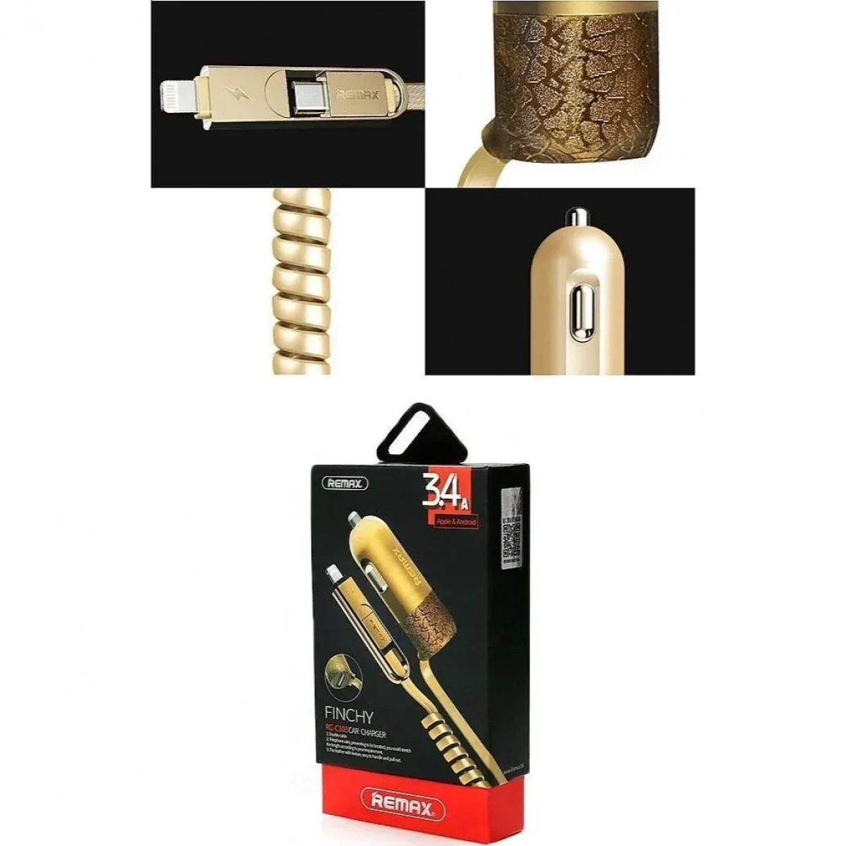 Φορτιστής Αυτοκινήτου Remax Finchy RCC103 με καλώδιο microUSB / Lightning (Χρυσό)