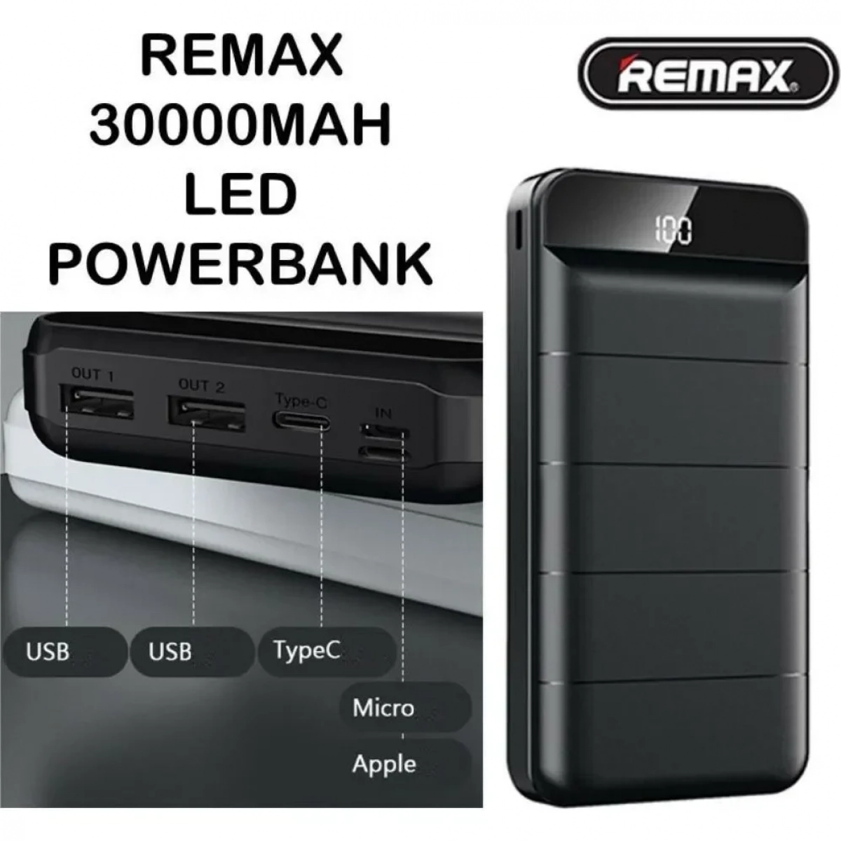 Remax RPP-141 Power Bank 30000mAh led screen, σε μαύρο χρώμα