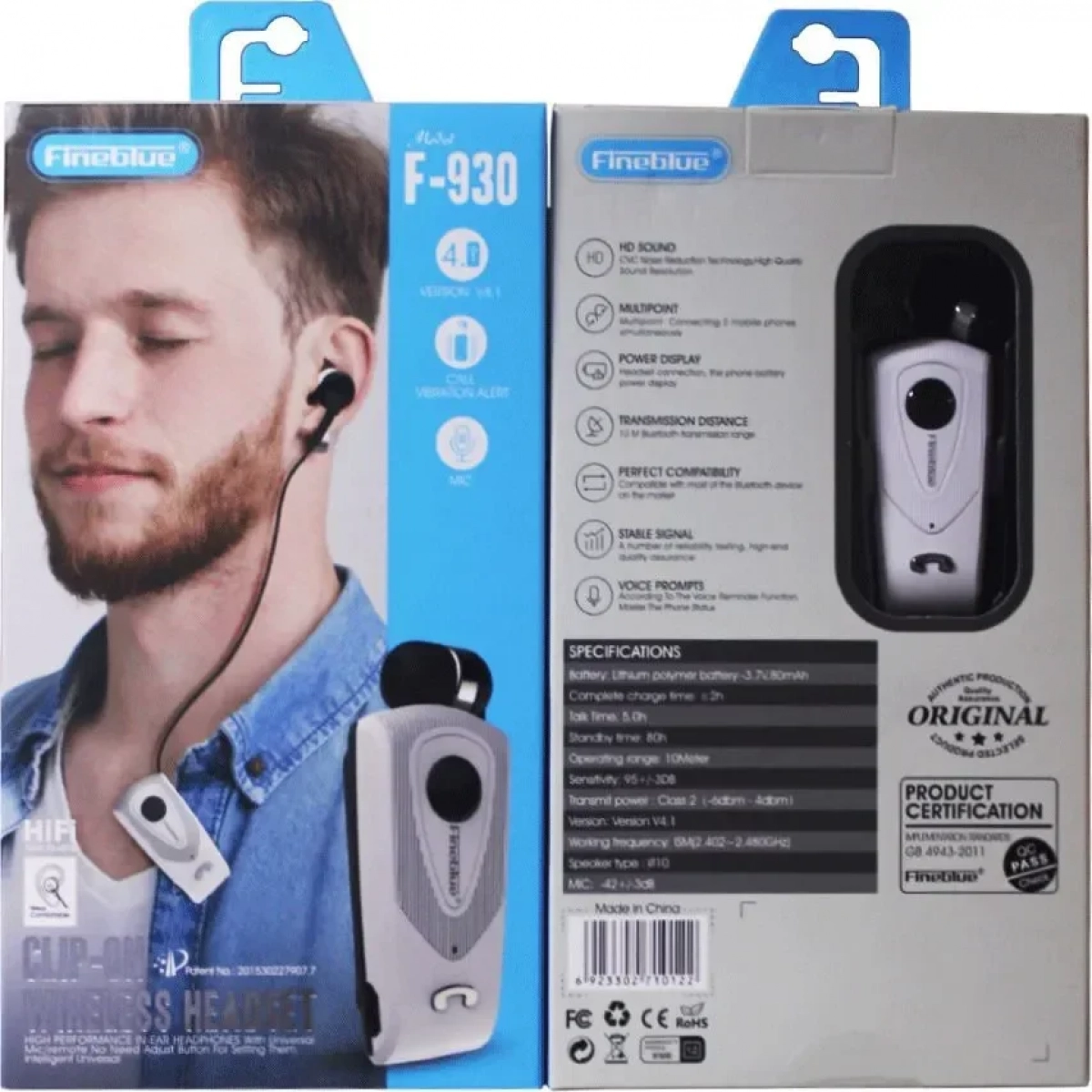 Fineblue bluetooth hands free ακουστικό F930, σε λευκό χρώμα