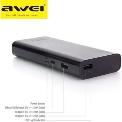 Power Bank Awei P77K Φορητός Φορτιστής High Capacity 12000mAh, σε μαύρο χρώμα