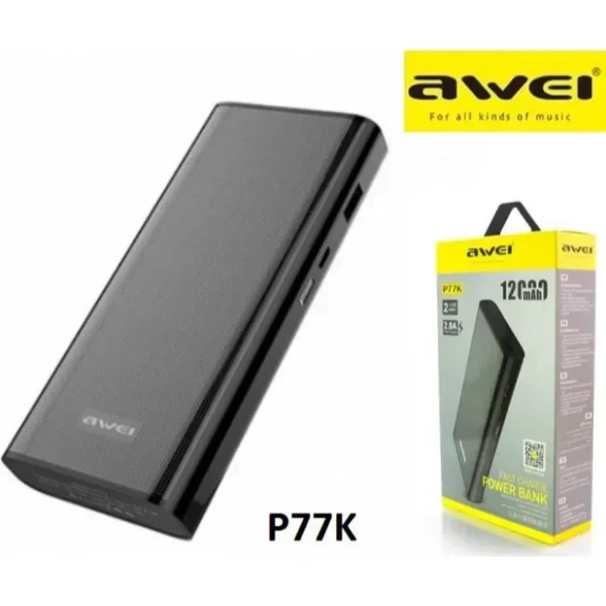 Power Bank Awei P77K Φορητός Φορτιστής High Capacity 12000mAh, σε μαύρο χρώμα