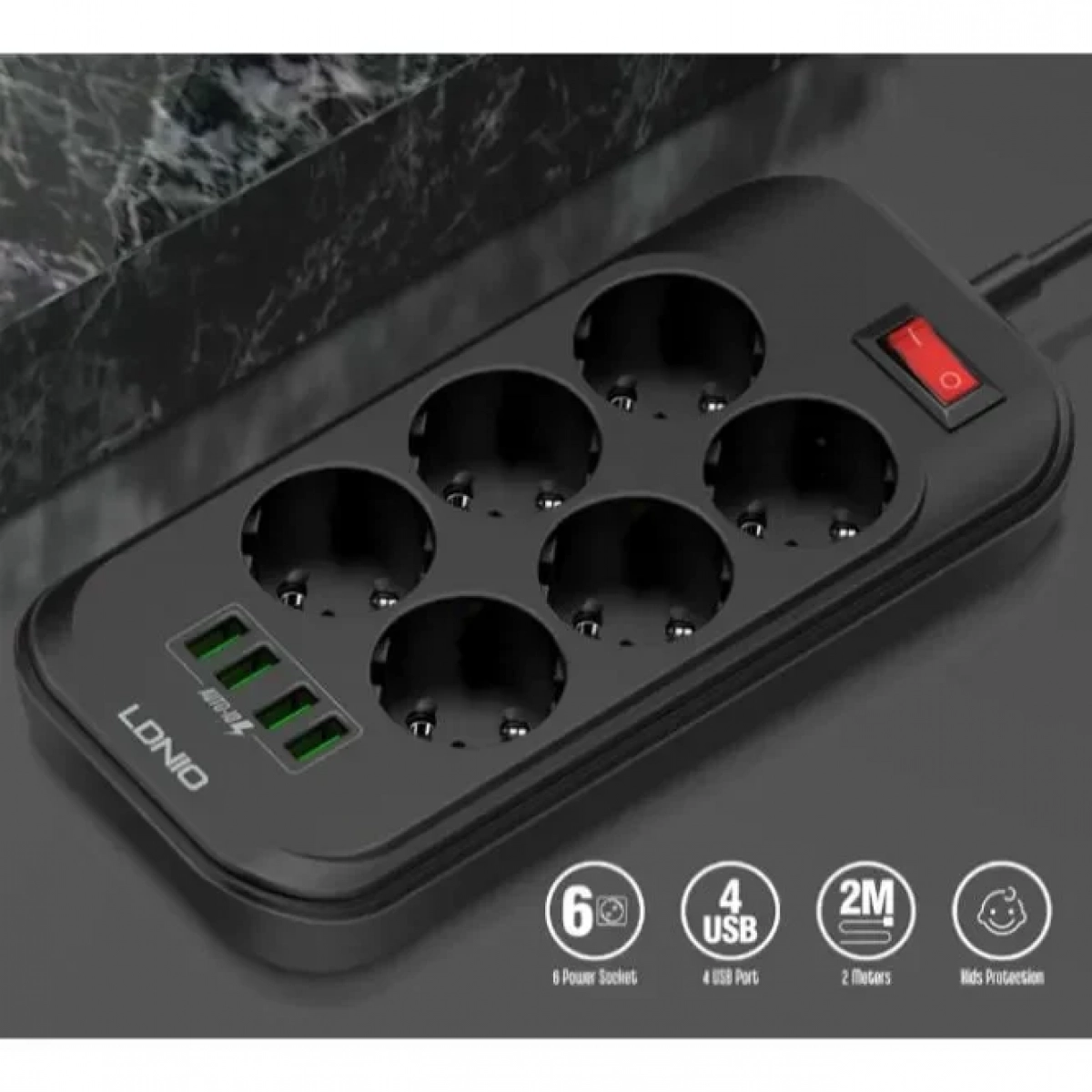 Πολύμπριζο Ασφαλείας LDNIO SE6403 6πλό με 4 θέσεις USB (Μαύρο)