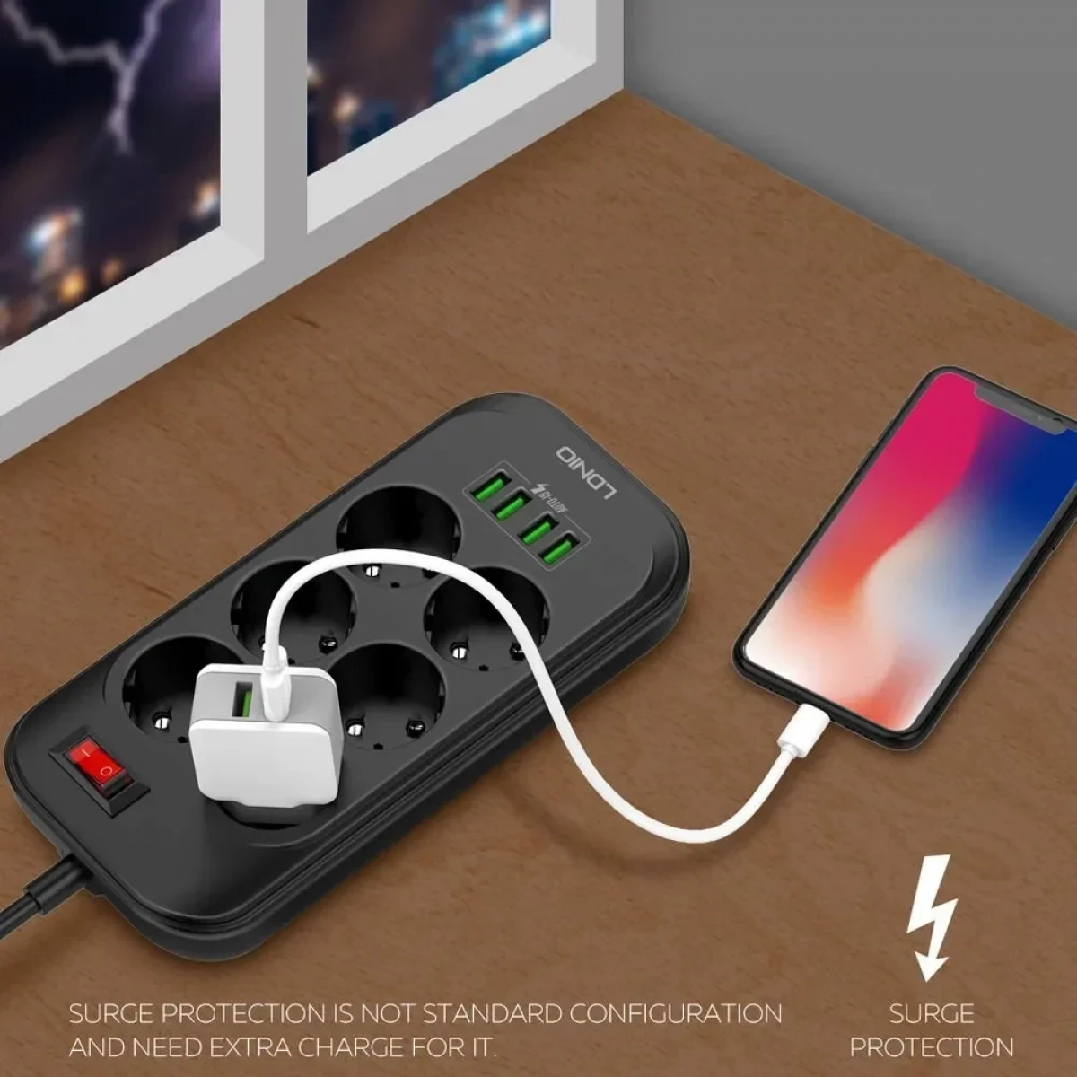 Πολύμπριζο Ασφαλείας LDNIO SE6403 6πλό με 4 θέσεις USB (Μαύρο)