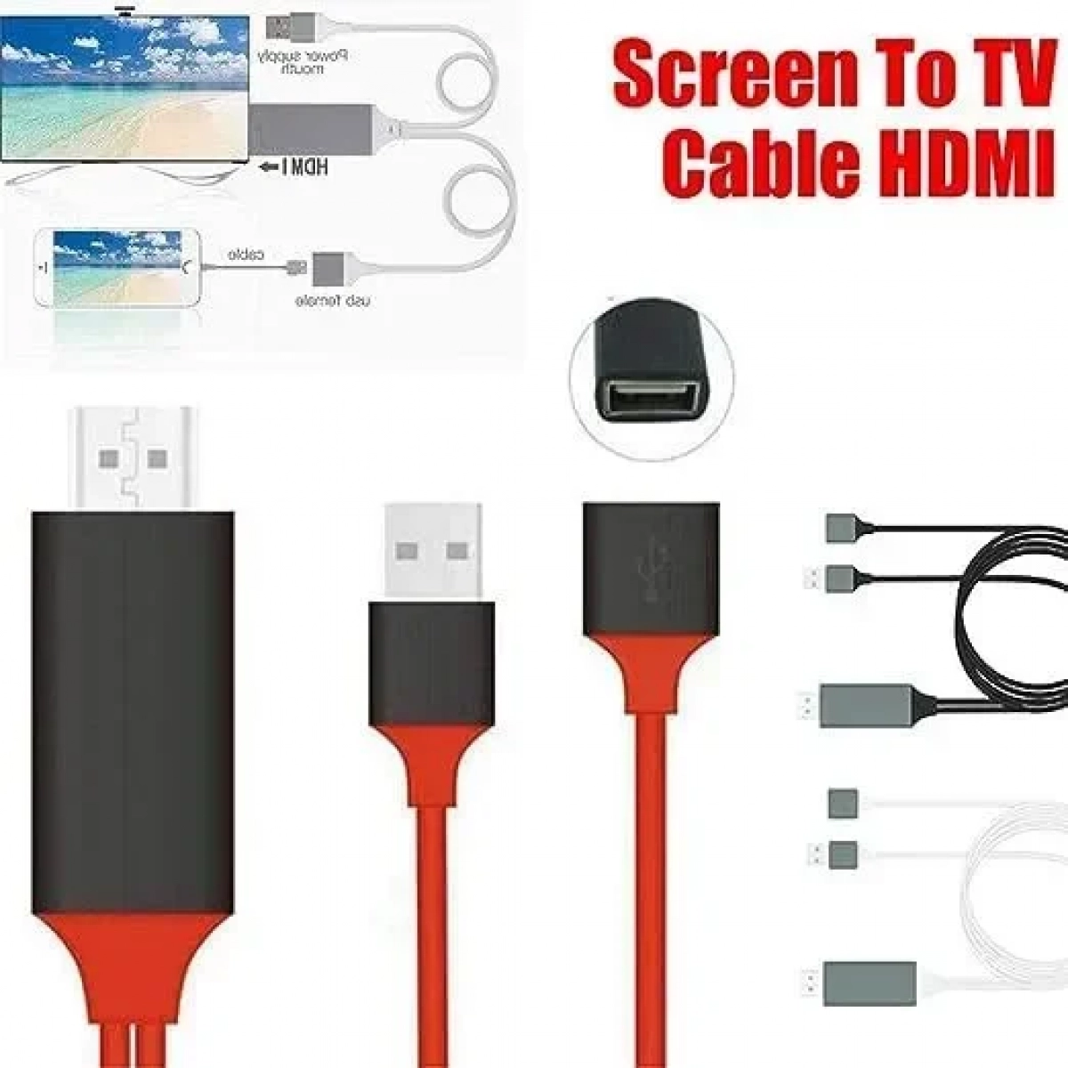 Καλώδιο Universal HDMI Cable PLUG AND PLAY HDMI HDTV TV Adapter Digital AV Cable 1080P Phone to TV USB 2.0 TO Type C Micro 5pin Lightning 2M, σε κόκκινο χρώμα