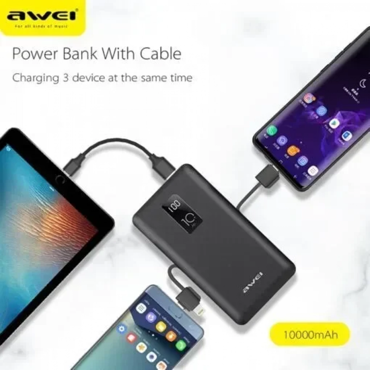 Awei P8K Adaptive Charge Power Bank 10000 mAh, σε μαύρο χρώμα