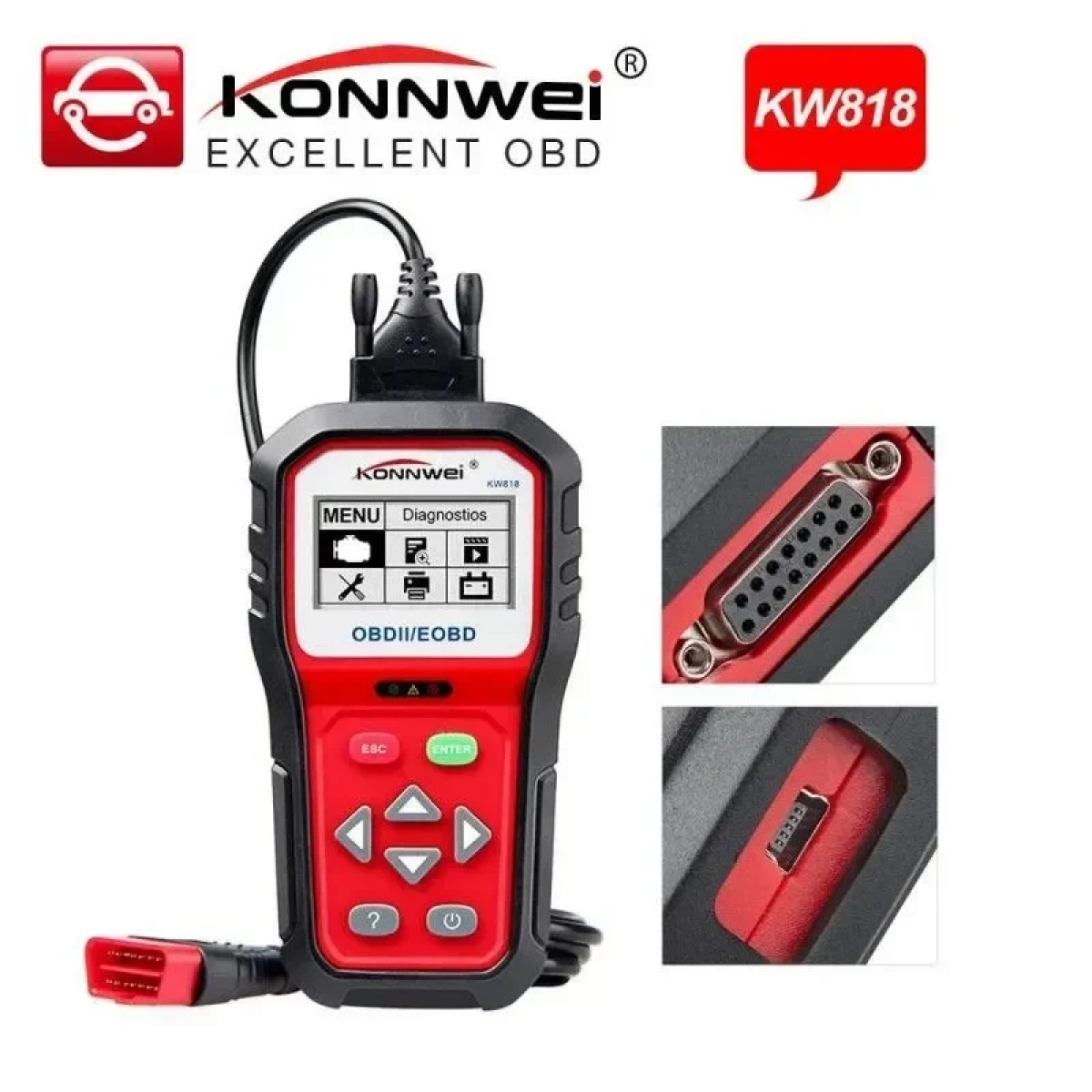 Ψηφιακό διαγνωστικό αυτοκινήτων OBDII/EOBD Konnwei KW818, σε κόκκινο χρώμα
