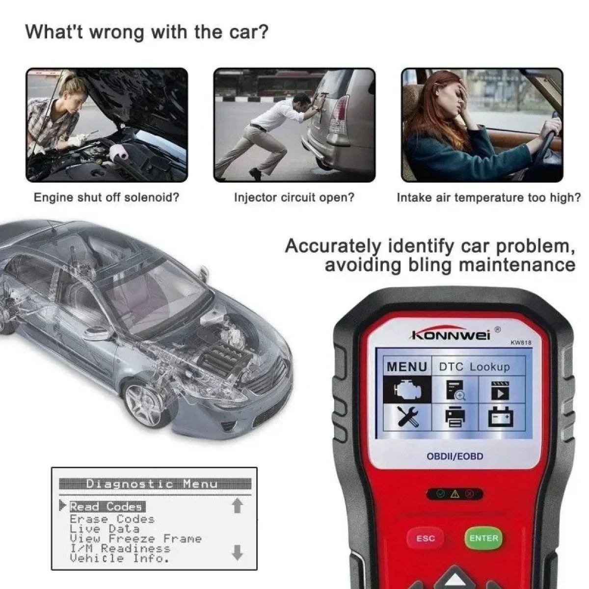 Ψηφιακό διαγνωστικό αυτοκινήτων OBDII/EOBD Konnwei KW818, σε κόκκινο χρώμα