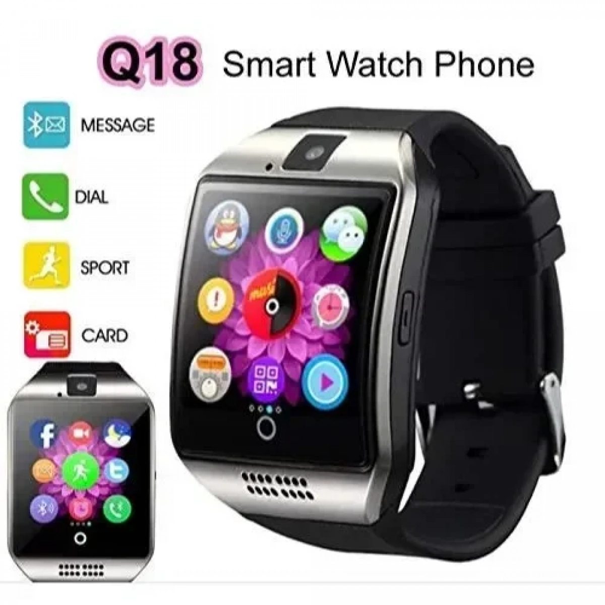 Q18 Smart Watch - Ρολόι κινητό τηλέφωνο με κάρτα SIM, σε ασημί χρώμα