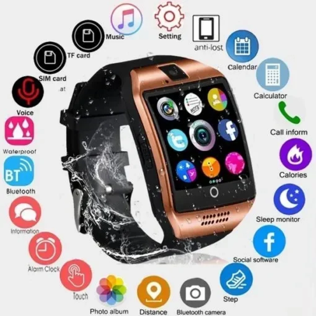 Q18 Smart Watch - Ρολόι κινητό τηλέφωνο με κάρτα SIM, σε χρυσό χρώμα