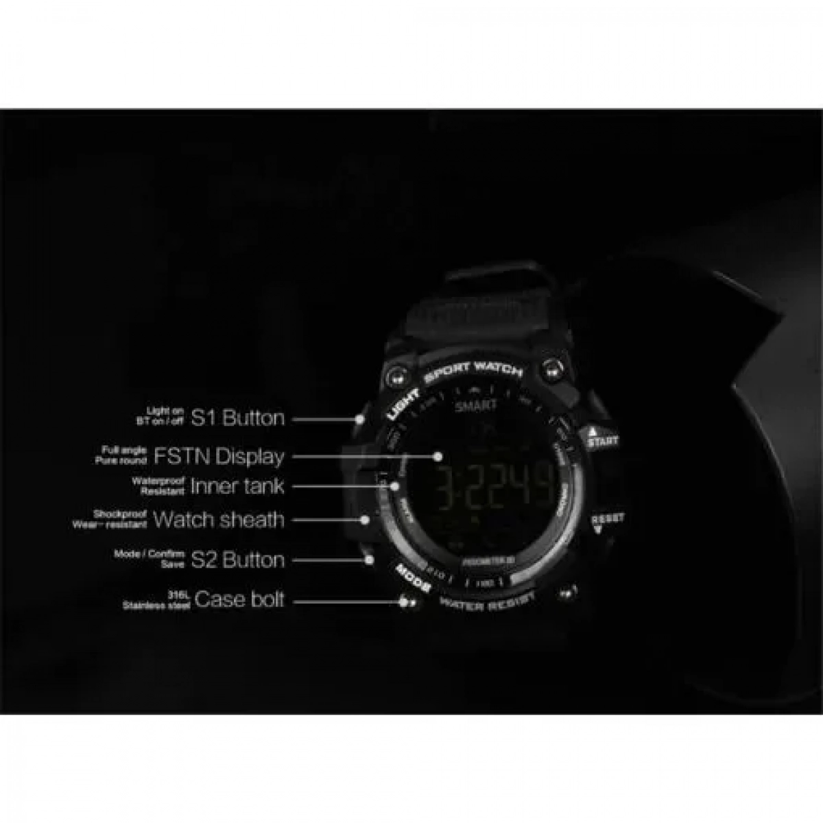 Αδιάβροχο Sport Smartwatch LCD EX16 Ρολόι Bluetooth με Βηματομετρητή + Θερμιδομετρητή, σε μαύρο χρώμα