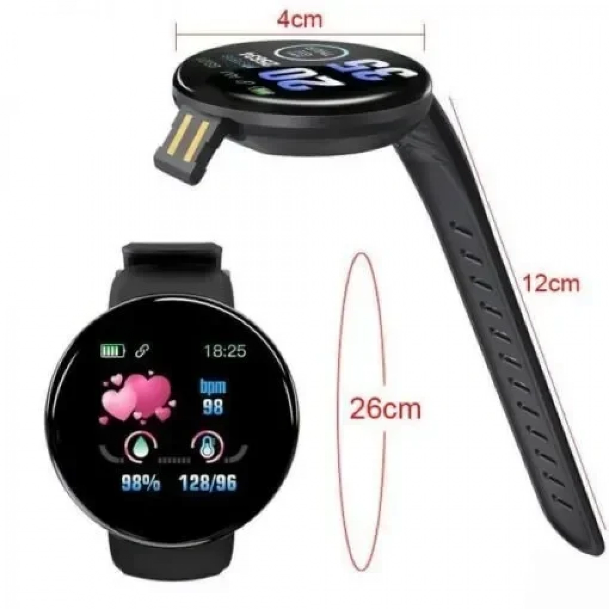 Smartwatch και Activity tracker με Heart Rate Blood Pressure D18, σε μαύρο χρώμα