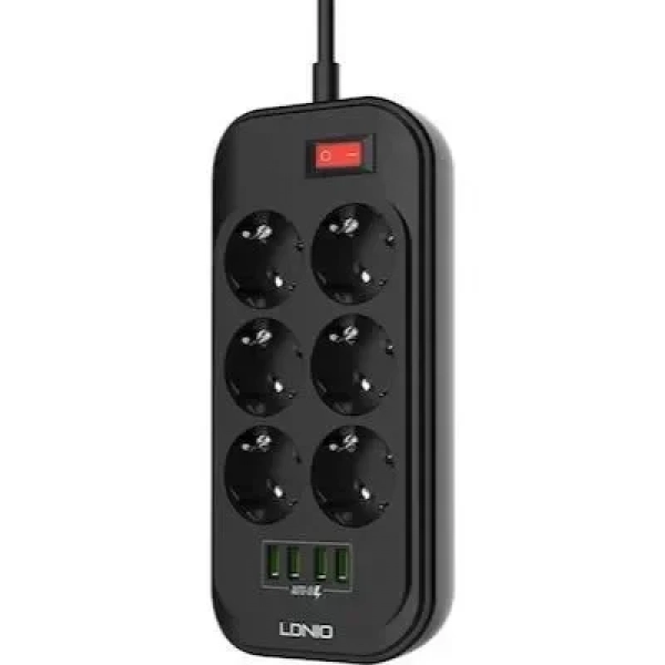 Πολύμπριζο Ασφαλείας LDNIO SE6403 6πλό με 4 θέσεις USB (Μαύρο)