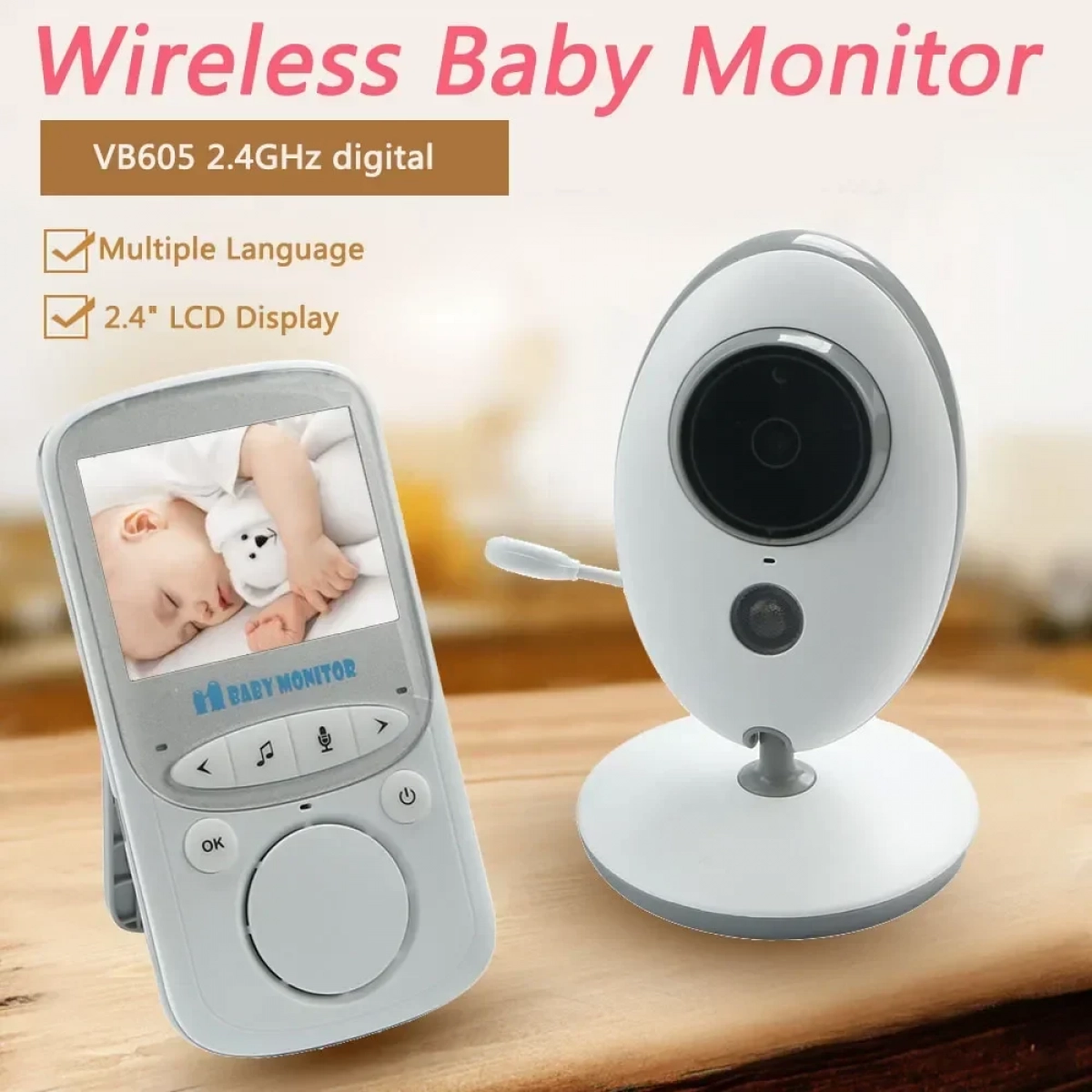 Ασύρματο Baby monitor με οθόνη 2.4″ LCD, θερμοκρασία, μικρόφωνο και night vision VB6056 λευκό - Image 2