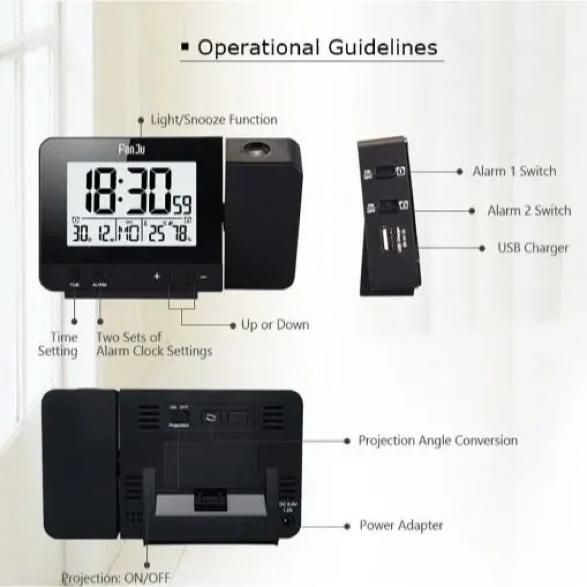 Ρολόι ξυπνητήρι FanJu FJ3531 Projection Alarm Clock, σε μαύρο χρώμα