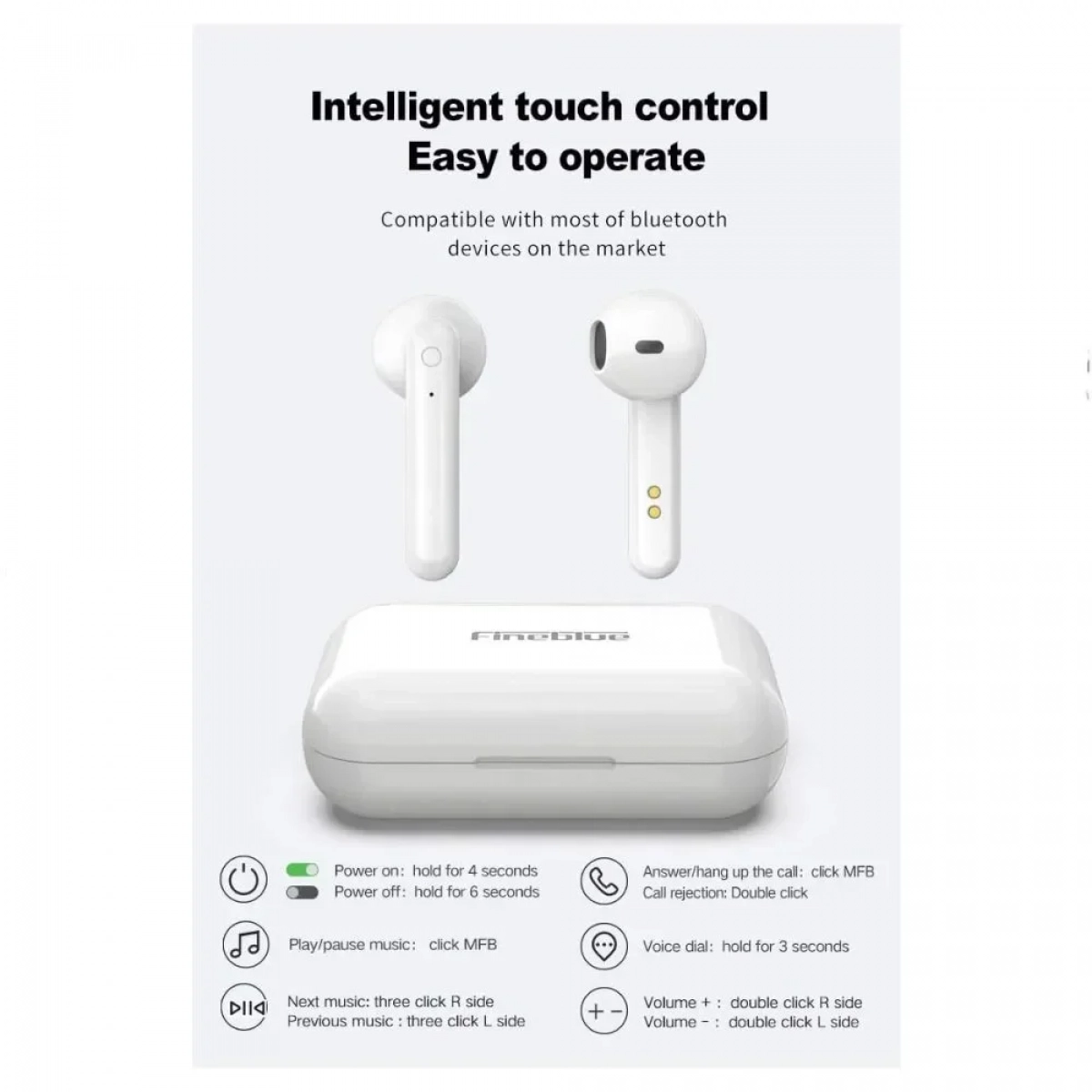 Bluetooth Fineblue Flypods J10 Touch με δόνηση Chip PAU - Photo5