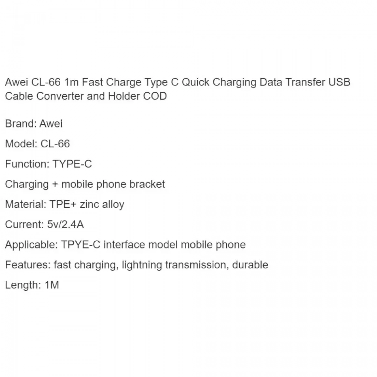 Καλώδιο Awei CL-66 USB to 90° Type C 2.4A, σε μαύρο χρώμα - Photo10