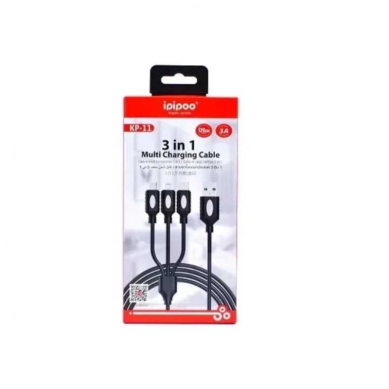 Καλώδιο Φόρτισης USB 3 σε 1 Ipipoo KP-11 120cm 3Α, σε μαύρο χρώμα