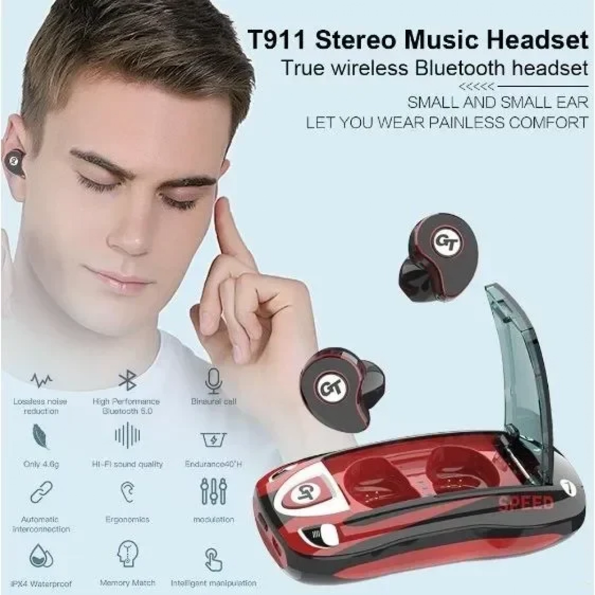 Μίνι ακουστικά bluetooth TWS με δοχείο φόρτισης – T911, σε μαύρο χρώμα