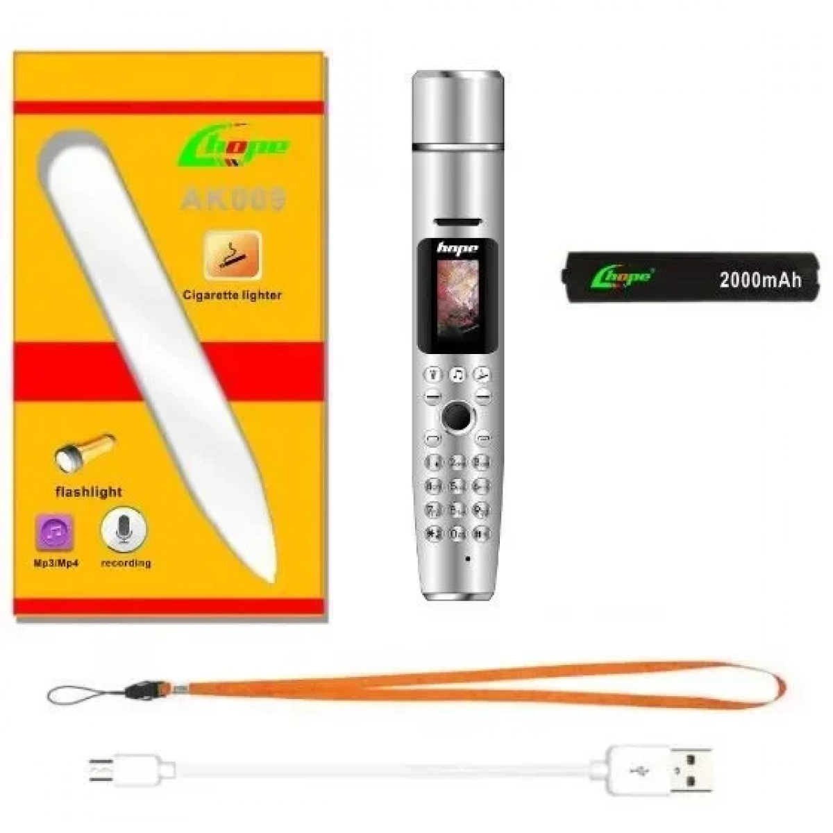 Μίνι κινητό τηλέφωνο τσέπης στυλό AK009 Bluetooth με αναπτήρα τσιγάρων και φακό, σε ασημί χρώμα