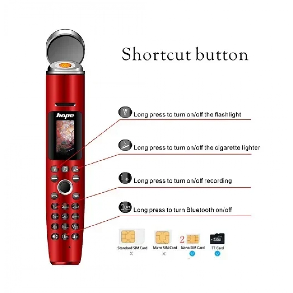 Μίνι κινητό τηλέφωνο τσέπης στυλό AK009 Bluetooth με αναπτήρα τσιγάρων και φακό, σε κόκκινο χρώμα - Image 2