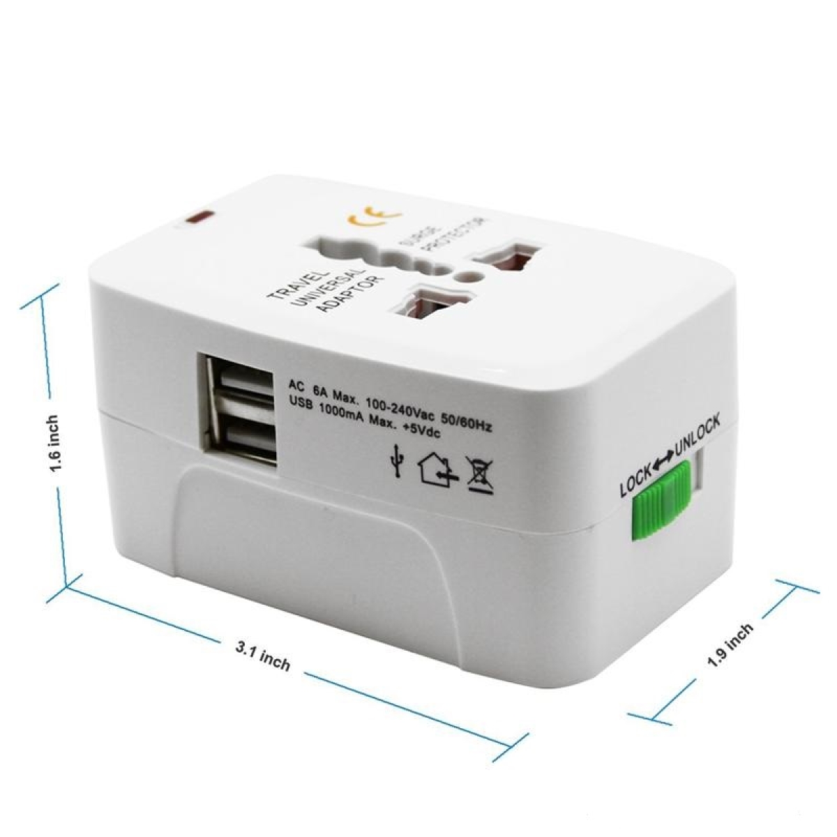 Ταξιδιωτικός αντάπτορας πρίζας UNIVERSAL TRAVEL ADAPTOR με προστασία & 2 θύρες USB - Image 6