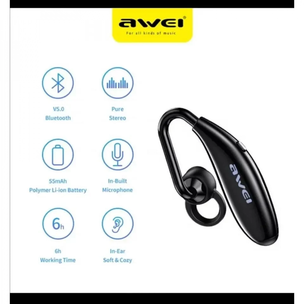 Ασύρματα Ακουστικά Bluetooth Awei N5 με Μικρόφωνο και Έλεγχο Έντασης Ήχου Κλήσης, σε μαύρο χρώμα
