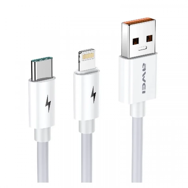 Καλώδιο φόρτισης Awei CL-79 2 σε 1, USB to Lightning / Type-C, σε λευκό χρώμα