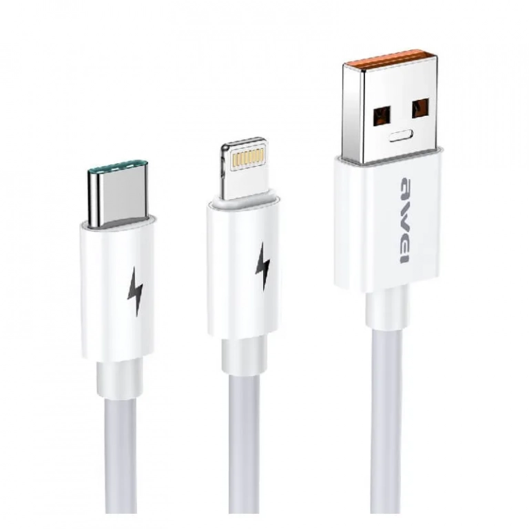 Καλώδιο φόρτισης Awei CL-79 2 σε 1, USB to Lightning / Type-C, σε λευκό χρώμα
